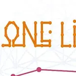 Oransje geometrisk tekst ONE LINE med punkt-til-punkt-linje i bakgrunnen