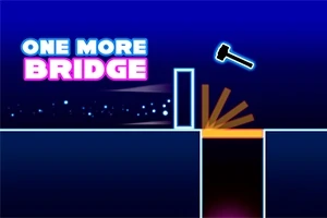 En blå og svart bakgrunn med teksten One More Bridge i neon, en hammer, lysende linjer og geometriske former over et hull