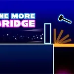 En blå og svart bakgrunn med teksten One More Bridge i neon, en hammer, lysende linjer og geometriske former over et hull
