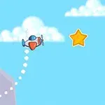 Et tegneserieaktig romskip flyr mot en stjerne på en blå himmel med skyer, omgitt av fjell