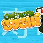 Tegneserieaktig sushibiter med spisepinner på blå bakgrunn