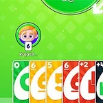 En hånd med fargerike kort foran en grønn bakgrunn, med en tegnet avatar over kortene og en bunke med kort til høyre