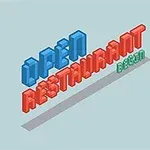 3D-tekst i blått, rødt og grønt med ordene OPEN RESTAURANT BEGIN mot en lys bakgrunn