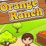 To barn står foran en frukthage med trær og kasser fulle av appelsiner, med skiltet Orange Ranch i bakgrunnen