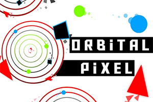 Fargerike geometriske figurer med tekst Orbital Pixel i blokkbokstaver mot en hvit bakgrunn