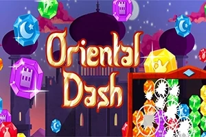 Fargerike juveler svever foran en silhuett av en orientalsk by med teksten Oriental Dash i sentrum