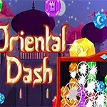 Fargerike juveler svever foran en silhuett av en orientalsk by med teksten Oriental Dash i sentrum