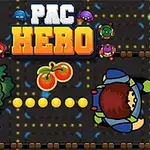 Tegneseriespillgrafikk med en figur som beveger seg langs en sti med prikker, omringet av fargerike monstre og ordet PAC HERO øverst