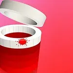 Rød sylinder med en hvit kant og et utsprengt splattemønster, en liten ball og et løst lokk på en rosa bakgrunn
