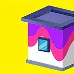 Illustrasjon av et fargerikt hus med lilla og rosa bølgemønster og et lite vindu på en gul bakgrunn