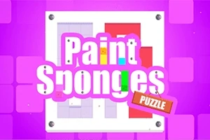 Rosa bakgrunn med teksten Paint Sponges Puzzle i midten, med fargerike blokker bak
