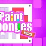 Rosa bakgrunn med teksten Paint Sponges Puzzle i midten, med fargerike blokker bak