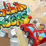 Fargerikt graffiti-aktig skrift med et leketøybil som kjører gjennom et kjøkkenmiljø