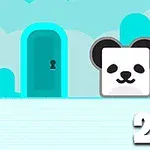 To firkantede dyrefigurer, en rosa gris og en hvit panda, foran en låst dør med en blå bakgrunn
