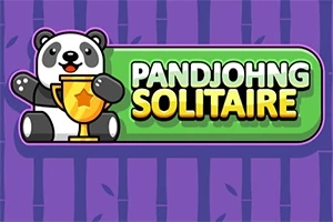En tegneseriepanda som holder et trofé ved siden av teksten Pandjohng Solitaire mot en lilla bakgrunn med bambusmønster