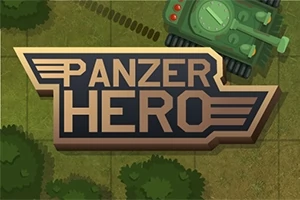 Logo for Panzer Hero med et grønt militært kjøretøy i bakgrunnen på en grønn, rutete bakgrunn