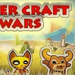 Tegneserieaktige dyrefigurer med en hund, katt og en okse foran en landsby med pagoder og tårn, under teksten Paper Craft Wars