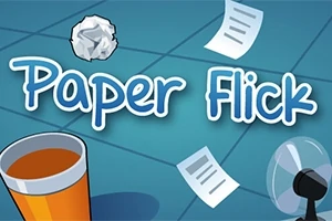 Illustrasjon av et sammenkrøllet papir, flyvende ark, kopp og vifte på blå bakgrunn med teksten Paper Flick