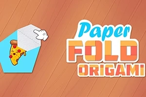 En tegneseriehånd bretter et papir med pizzamotiv på en treaktig bakgrunn, ved siden av teksten Paper Fold Origami