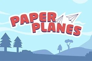 Tegnefly og teksten Paper Planes i rød skrift med en blå landskapsbakgrunn