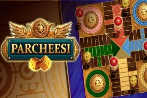 Et fargerikt brettspillbrett med sirkulære og trekantede mønstre ved siden av et dekorativt emblem med teksten Parcheesi og to terninger