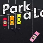 Illustrasjon av parkeringsplass med tre parkerte biler i ulike farger og en rosa bil som kjører
