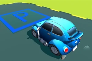 Blå bil parkert i en merket parkeringsplass på asfalten