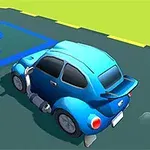 Blå bil parkert i en merket parkeringsplass på asfalten