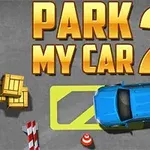 En blå bil forsøker å parkere i en markert bås nær noen kasser og trafikkjegler, med teksten Park My Car 2 over