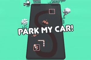 Liten bil på en svingete vei med teksten PARK MY CAR!
