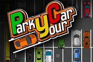 Logoen Park Your Car over en parkeringsplass med fargerike biler sett ovenfra