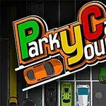 Logoen Park Your Car over en parkeringsplass med fargerike biler sett ovenfra