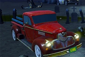 En rød vintage pickup-truck står parkert på en mørk kirkegård med gravstøtter i bakgrunnen