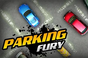 Tre biler parkert diagonalt på en parkeringsplass med teksten Parking Fury over bildet