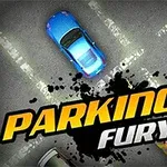 Tre biler parkert diagonalt på en parkeringsplass med teksten Parking Fury over bildet