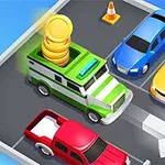 Fire fargerike biler parkert på en parkeringsplass, inkludert en grønn bankbil med mynter på taket