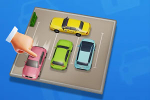 Fire biler i ulike farger parkert på en liten parkeringsplass, med en pekende finger ved den rosa bilen