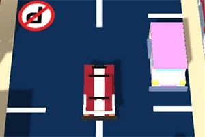 En rød og hvit bil kjører på en blå vei ved siden av en rosa bil, med et forbudt venstresving-skilt