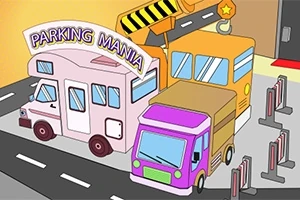 Bilde av tre fargerike biler parkert i et gateområde med en kran i bakgrunnen og teksten Parking Mania over dem