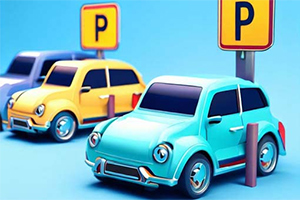 Fargerike, tegneserieaktige biler parkert foran skilt med bokstaven P