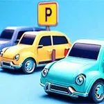Fargerike, tegneserieaktige biler parkert foran skilt med bokstaven P