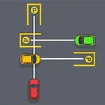 Tre biler i rødt, grønt og oransje er plassert i forskjellige parkeringsplasser på en grå bakgrunn