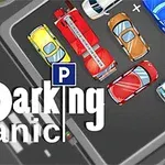 Tegneserieaktige biler parkert tett på en parkeringsplass, med teksten Parking Panic over