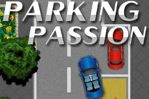 To biler, en blå og en rød, er parkert på en vei ved siden av en grønn park og et skilt som sier Parking Passion