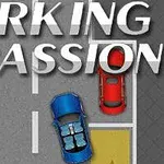 To biler, en blå og en rød, er parkert på en vei ved siden av en grønn park og et skilt som sier Parking Passion