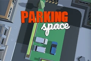 Tre biler parkert i et avgrenset grønt område med teksten Parking Space over, sett ovenfra i et urbant miljø