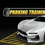 En hvit sportsbil parkert i et gulstripet område med teksten Parking Training i bakgrunnen