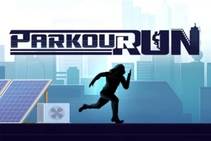 En silhuett av en person som løper på taket av en bygning med en urban skyline i bakgrunnen og teksten Parkour Run over
