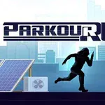 En silhuett av en person som løper på taket av en bygning med en urban skyline i bakgrunnen og teksten Parkour Run over