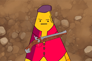 En animerte figur i form av et kjegleformet menneske med lilla hatt og rødt antrekk, holder en antikk rifle foran en steinete bakgrunn